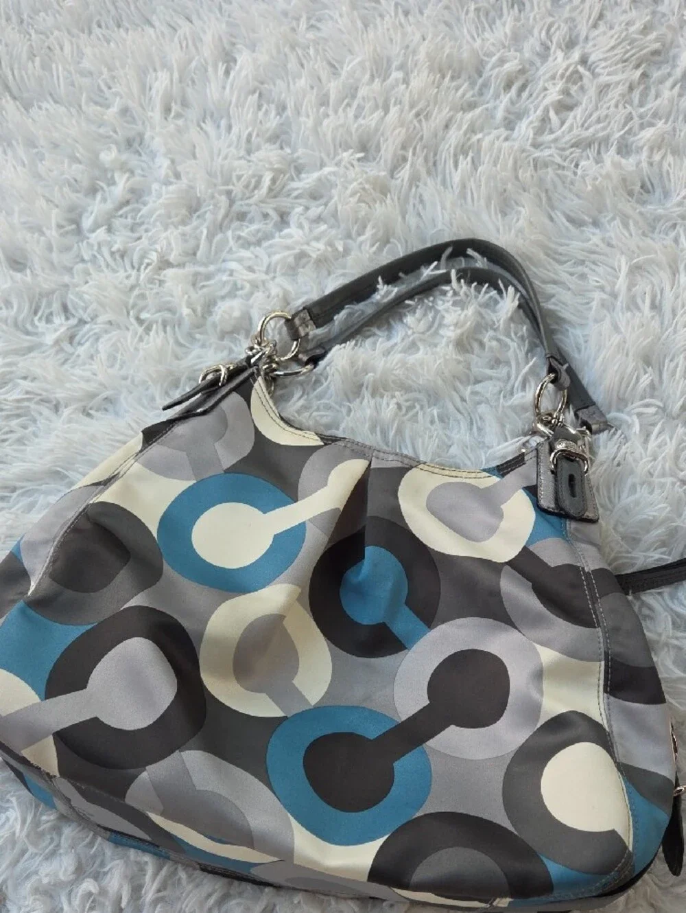 Coach Gray, Blue & Cream Geometric Hobo Bag New Condition